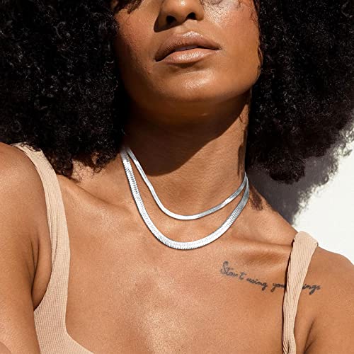 FOCALOOK 14K Gold Plated Necklaces for Women, Fashion Herringbone Choker Necklace Stainless Steel Flat Snake Chain 3/5MM(W) 12.5"/15"/18"+3.5"(L) - color: 5MM-15"&3MM-12.5" Layered-Silver