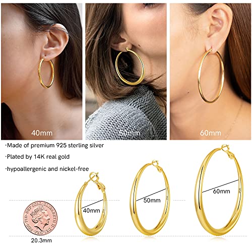 EXGOX Sterling Silver Hoop Earrings - Hypoallergenic, Lightweight, Chunky, 14K Real Gold Plated, Big Large Hoops for Women - color: 40/50/60mmGold