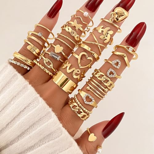 MIFYNN 27Pcs Chunky Gold Knuckle Rings Set for Women Rhinestone Love Ring Set Stackable Open Joint Finger Midi Rings Pack Trendy Statement Ring Gift