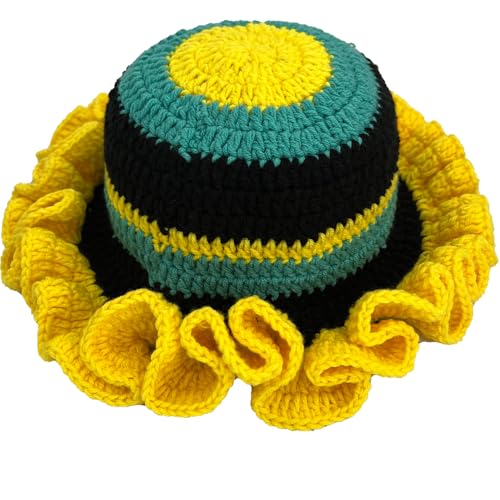 Handmade Crochet Bucket Hat for Women Boho Chic Slouchy Design Colorblock Ruffled Brim Festival&Daily Crochet Hat - color: Yellow Green Black