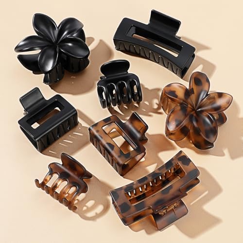 8 Pcs Matte Hair Clips for Women, Strong Hold Non-Slip Claw Clips for Girls, Flower Hair Clips for Thin Hair, Rectangle Claw Clips for Thick Hair, Neutral Colors Hair Accessories (Deep Leopard) - color: Deep Leopard