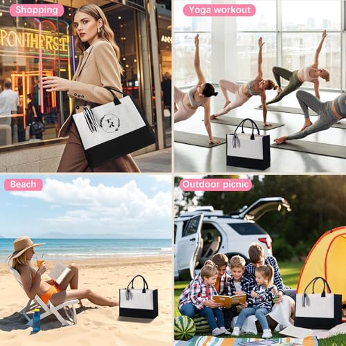 OKBA 6 PCS Personalized Classic Canvas Tote Bag(Black and White),Inside Zipper Pocket Grocery Tote DIY Gift,for Wedding,Birthday,Beach,Perfect Gifts for Women,Mom,Teachers,Friends