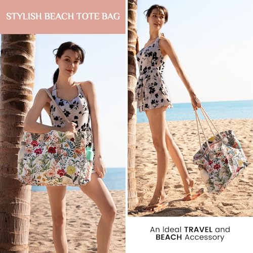 Clothirily Beach Bag for Women - Large Beach Tote Bag, Waterproof Sandproof Beach Bag with Zipper, Large Swim Pool Beach Tote - color: Flowers