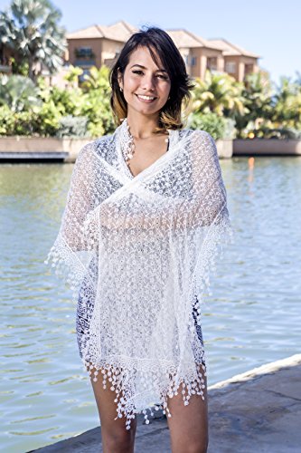 Cindy & Wendy Lightweight Soft Leaf Lace Fringe Scarf Bridal Shawl for Women - color: Ivory-sh