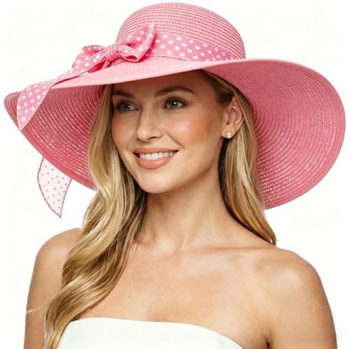 DRESHOW Beach Hats for Women Big Straw Wide Brim Summer Hat Floppy Foldable Roll up Cap Sun Hat UPF 50+ - color: 1 Pc: Pink With White Polka Dots