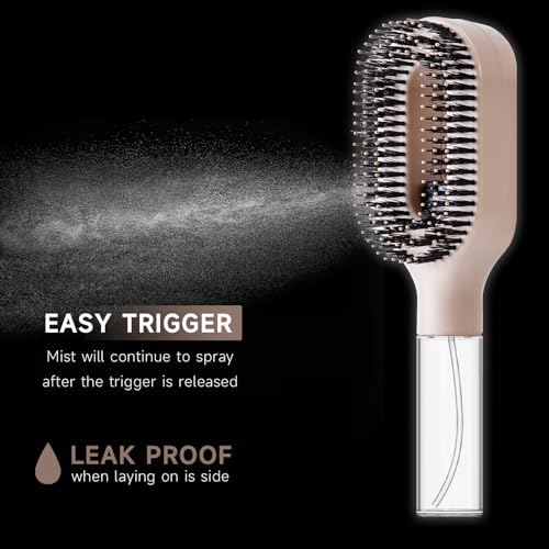 2-in-1 Manual Non-Electric Detangler Hair Brush with Built-In Mister Spray, Wet & Dry Detangling Brush for Curly, Wavy & Straight Hair, No-Tangle Anti-Frizz Brush，Reservoir 50ml.(Khaki) - color: Khaki