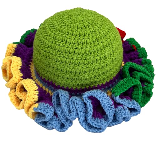Handmade Crochet Bucket Hat for Women Boho Chic Slouchy Design Colorblock Ruffled Brim Festival&Daily Crochet Hat - color: Green Crown