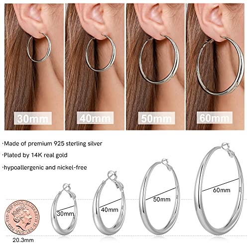 EXGOX Sterling Silver Hoop Earrings - Hypoallergenic, Lightweight, Chunky, 14K Real Gold Plated, Big Large Hoops for Women - color: 30/40/50mmSilver