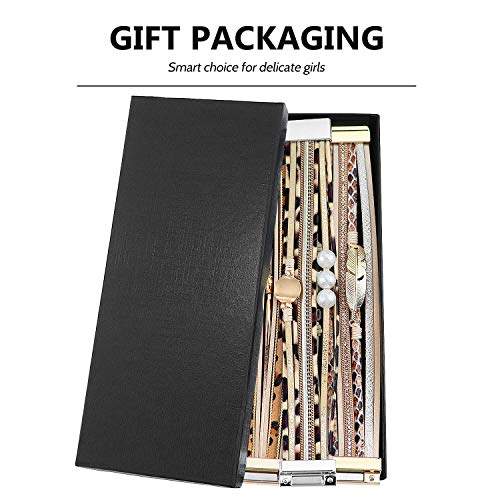 Wowanoo 3Pack Leather Cuff Bracelet Set Multilayer Wrap Bracelet Crystal Feather Tree Bracelet Magnetic Clasp Bracelet for Women - color: Leopard