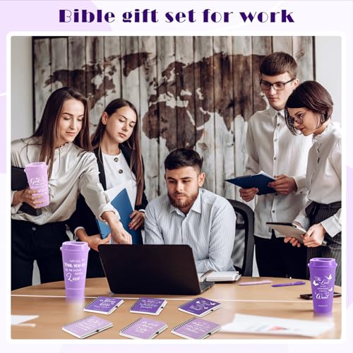 Skylety 12 Set/ 48 Pcs Christian Gifts for Women Men Religious Gift Set 16 oz Bible Scripture Cups with Lids Mini Spiral Notebooks Pens Keychains for Mother Father Birthday(Purple Gradient) - color: Purple Gradient