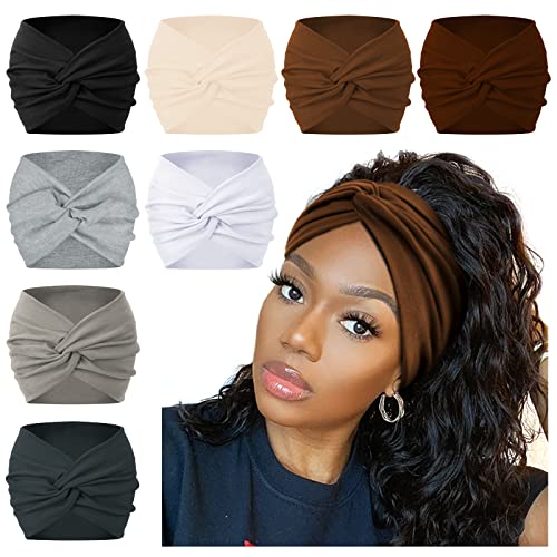 AKTVSHOW 7'' Wide Headbands for Women, Extra Large Turban Workout Headband Fashion Yoga Hair Bands Boho Twisted Thick Hair Accessories, 8Pack - color: Cool Dark