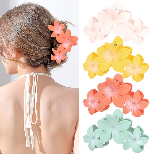 ANBALA 4PCS Flower Hair Accessories: Colorful Hawaiian Plumeria Claw Clips for Thick Hair - Large, Non-Slip, Strong Hold Beach Clips - color: B-4pcs large colorful flower