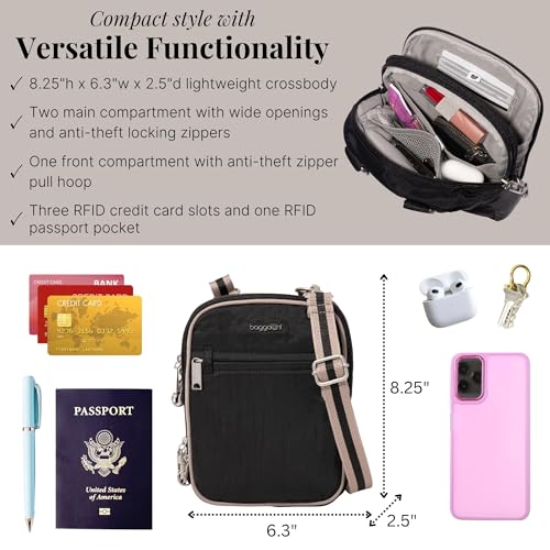 Baggallini Securtex® Anti-theft Mini Everything Crossbody Bag, 6.3"x8.25" Rfid, Locking Zippers & Cut-resistant Strap - color: Black/Neutral