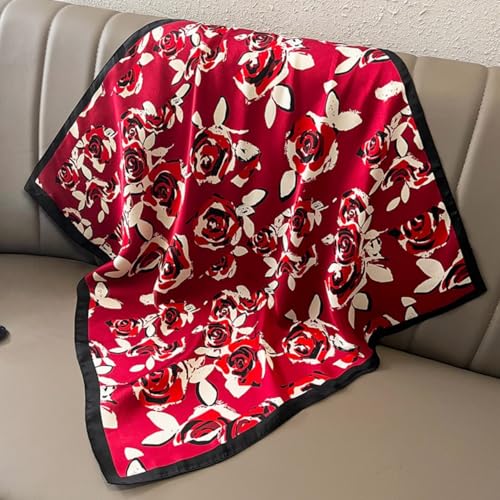 MINIDORA Satin Scarves for Women 27.5 × 27.5 inches Medium Square Elegant Silk Feeling Head Scarf - color: D005- Black and Red