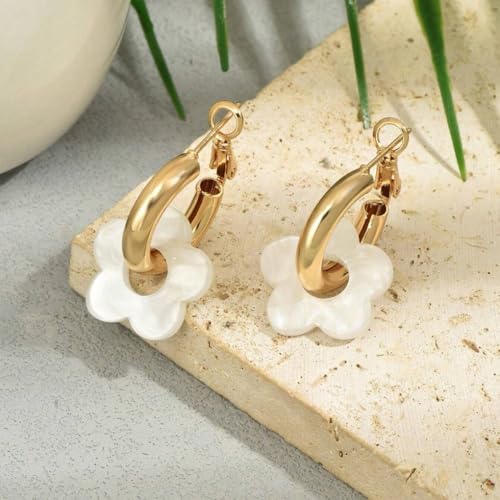 Chunky Acrylic Gold Small Flower Hoop Huggie Earrings, Colorful Boho Ear Piercing Dangle Drop Earrings, Dainty Chic Charm Jewelry Gift - color: White
