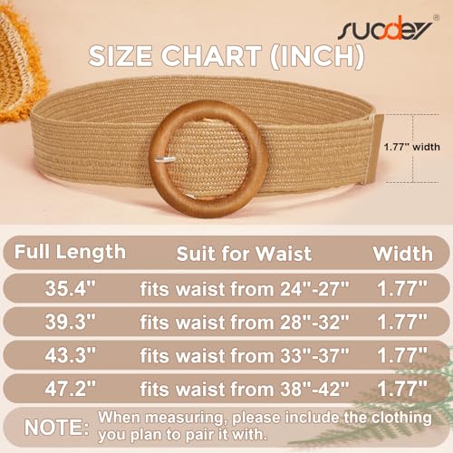 SUOSDEY Straw Woven stretchy Waist Belt for Women Dresses,Wide Boho Braided Elastic Belt with Round Buckle - color: 03-camel Wood, size: Fits waist from 24"-27"