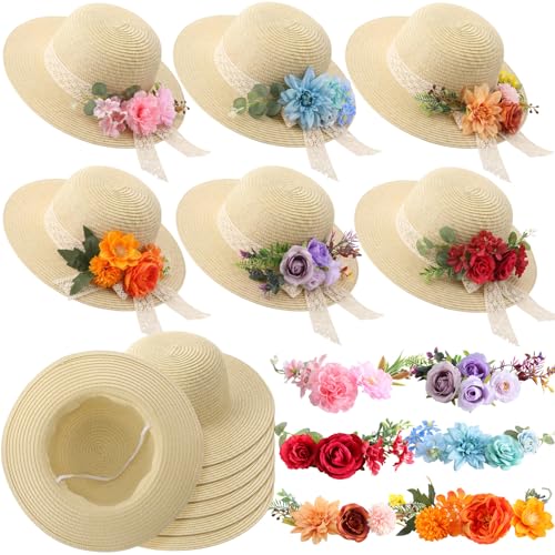 6 Sets DIY Tea Party Straw Hats Kit DIY Straw Hat for Women Blank Sun Hats - style: French Flat Brim