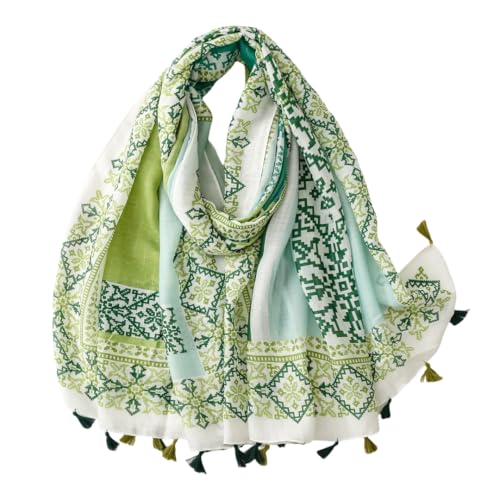 WaJuemy Travel Boho Scarf for Women Casual Lightweight Pashmina Scarves Fashion Multicolor Shawl Wraps with Fringed Beads - color: 01b Green Boho