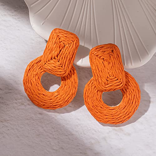Statement Raffia Earrings Cute Boho Earrings Rattan Dangle Earrings Handmade Straw Wrap Earrings Summer Drop Dangling Earrings for Women Teen Girls - color: Orange