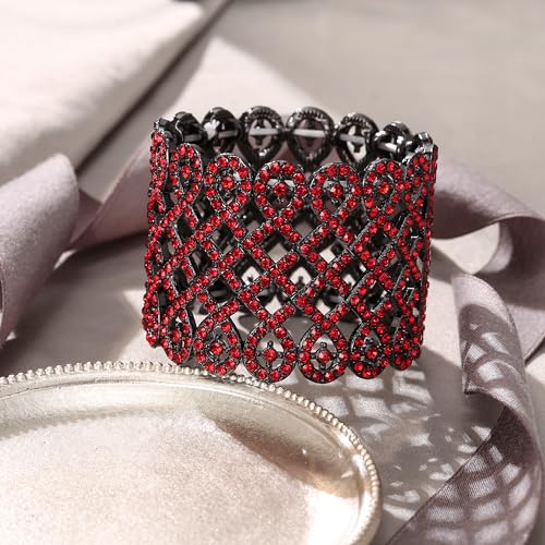 EVER FAITH Art Deco Love Knot Wide Stretch Bridal Bracelet Austrian Crystal - color: Red Black-Tone