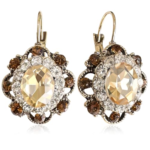 Handmade Bohemian Vintage Gold Sparkly Crystal Round Flower Leverback Earrings Cute Rhinestone Geometry Dangle Drop Earring for Women - color: Champagne