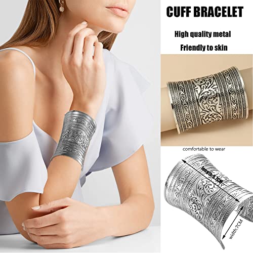 SONNYX 2 PCS Cuff Bracelets for Women Vintage Ethnic Wide Open Chunky Gold Silver Wrist Cuff Warp Bracelets for Cosplay or Belly Dance - color: SILVER 1