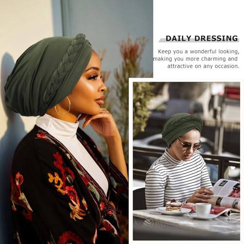 DRESHOW Turban Pre-Tied Twisted Hat Thread African Head Wraps for Black Women Chemo Cancer Cap Braid Hair Cover - color: 1 Pc Twisted Braid: Army Green