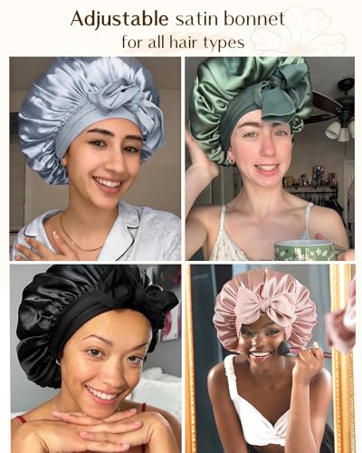 YANIBEST Adjustable Satin Bonnet for Sleeping Women Double Layer Hair Wrap Reduce Friction Prevent Frizz Natural Curly Hair - color: Blue