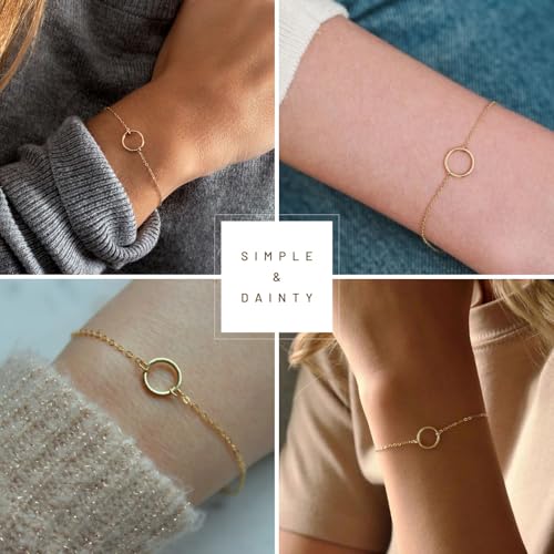 NOKMIT Solid 925 Sterling Silver Bracelets for Women, Dainty Interlocking Circles Cubic Zirconia Adjustable Chain Bracelet, Trendy Stackable Link Bracelets, Simple Cute Jewelry Gifts - color: Gold Karma Circle