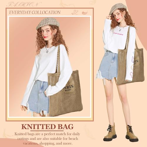 Ayieyill Crochet Tote Bag For Women, Crochet Mesh Beach Tote Bag Summer Vacation Aesthetic Boho Knit Bag for Women - color: G/Brown