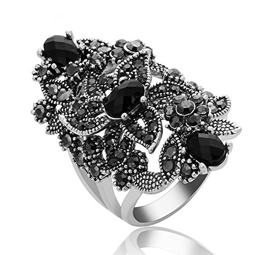 Women's Black Rings Vintage Rings Statement Rings for Women Band Marcasite Crystal Rings for Women - color: Silver1