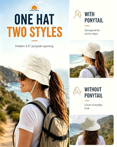 Womens Ponytail Sun Hat Packable UPF50+ Waterproof Bucket Hat Hiking Fishing Safari Hat Foldable Beach Hat - color: Begie