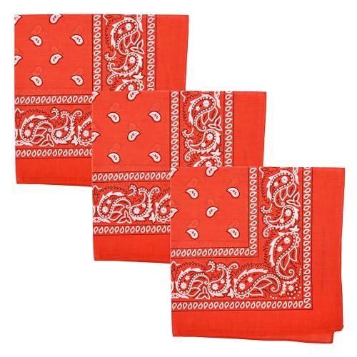 Motique Accessories Set of 3 Paisley Bandanas – 100% Cotton 22 Inch Head Scarf Neck Bandana Face Cover - color: Dark Orange