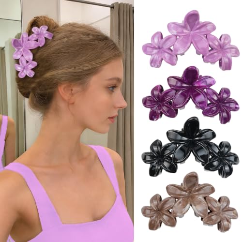 4Pcs Hawaiian Flower Claw Hair Clips for Women Cute Purple Large Claw Clips for Thick Thin Hair Black Plumeria Beach Hair Accessories for Women and Girls - color: 10-Colorful