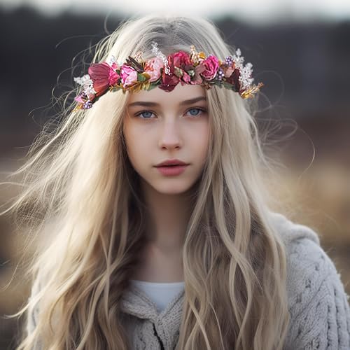 Vivivalue Wedding Flower Crown Adjustable Flower Headband Hair Wreath Floral Headpiece Halo Boho Party Prom Festival Photos - color: R