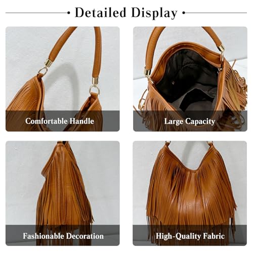 CORIOS Bohemian Fringe Leather Shoulder Bag for Women Dual-Side Tassel Handbag Underarm Purse Soft PU Leather Top Handle Bag - color: Brown