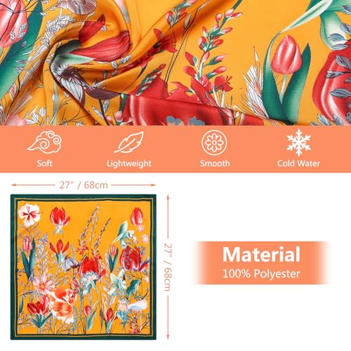 Stlvoll 27.5" Silk Neck Scarf of Women's Fashion Head Scarf Square Neck Satin Scarfs for Bag Hair Scarves Gift - color: Flower/Yellow