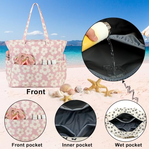 Bluboon Waterproof Beach Tote Pool Bags for Women Ladies Extra Large Carry On Bag With Wet Compartment for Weekender Travel - color: Beige Flowers