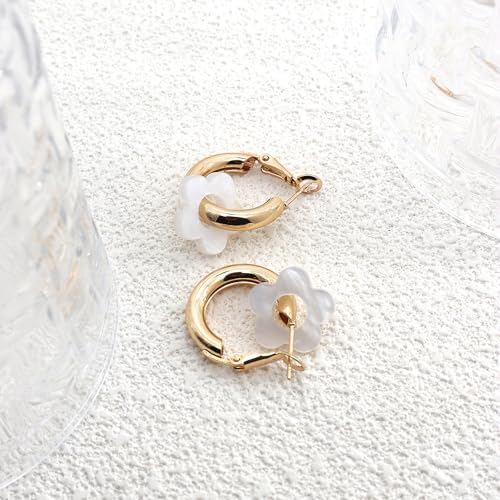 Chunky Acrylic Gold Small Flower Hoop Huggie Earrings, Colorful Boho Ear Piercing Dangle Drop Earrings, Dainty Chic Charm Jewelry Gift - color: White