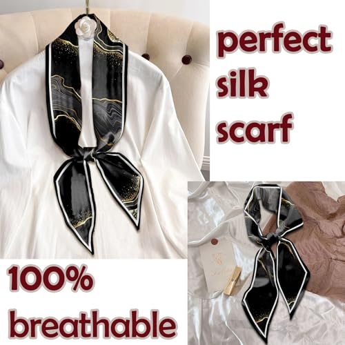 Hair Head Scarf Silk Feeling Long Satin Neck Satin Scarves for Handbag Cute Aesthetic Decoration Women Girls 59 * 6.7” - color: Y10-black Marble