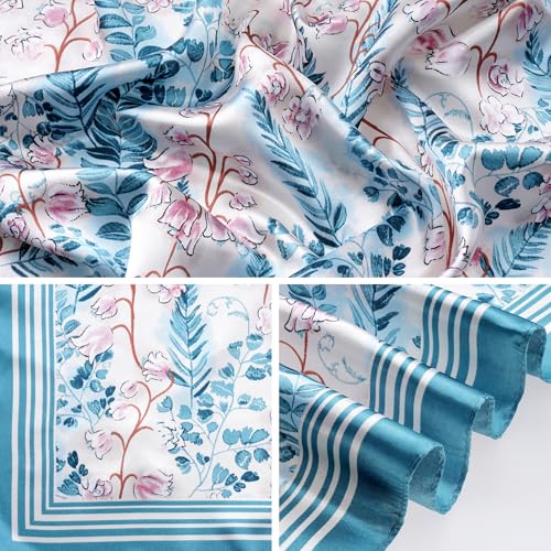 Pistha Head Scarf Bandana for Women, Satin Scarf for Hair, Large Square Silk Bandana Headscarf for Women and Men 35 Inch - style: Flower-light Blue