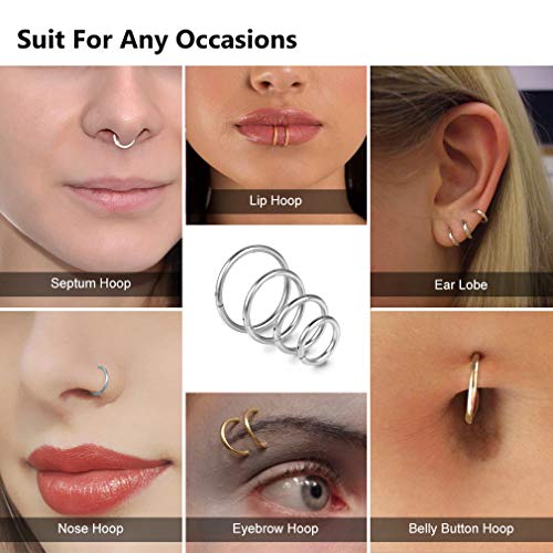 4Pcs 16G 18G 20G Surgical-Steel-Piercing-Ring-Nose-Rings-Hinged-Hoop-Earrings,6mm 8mm 10mm 12mm Seamless Stainless Steel Clicker Eyebrow Septum Piercing Hoop,Sliver Black Gold Rose Gold Rainbow Body Jewelry Set - color: 18G 8mm Silver