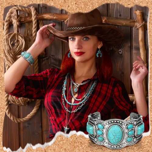 Inbagi 3 Pcs Boho Western Jewelry for Women Turquoise Jewelry Set Vintage Earrings Bracelet Western Bohemian Necklace for Women Cowboy Cowgirls - style: Elegant