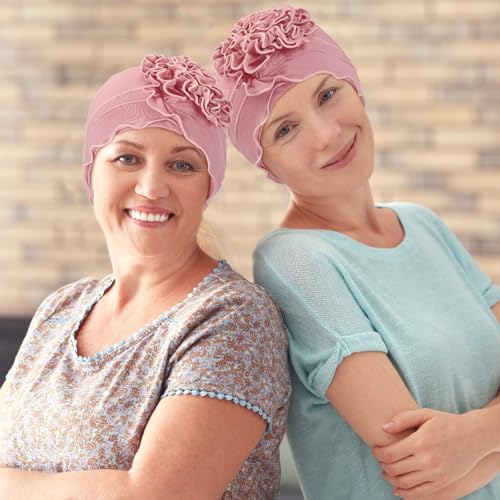 Geyoga Cotton Chemo Headwear Turban for Women Soft Elastic Cancer Hat Cancer Sleep Caps Head Wraps for Women with Hair Loss - color: Pink