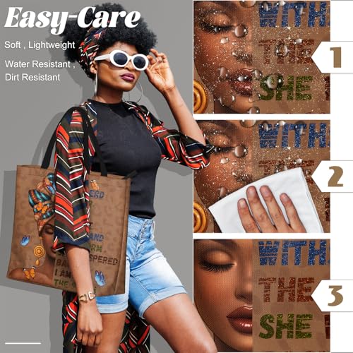 African American Women Tote Bag Black Shoulder Handbag For Women Fit Work Beach Labtops With Zip - color: Black Women 11