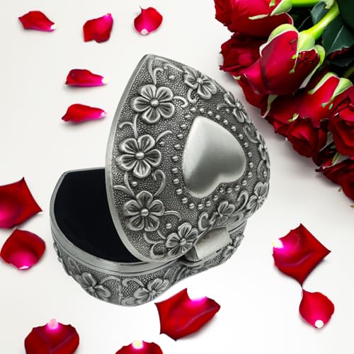 Vintage Metal Trinket Jewelry Box, Small Heart Shape Jewelry Organizer Rose Flower Sunflower Antique Treasure Chest Ring Holder, Earrings Necklace Storage Box Keepsake Box for Women (Heart-Sunflower) - style: Heart-Sunflower