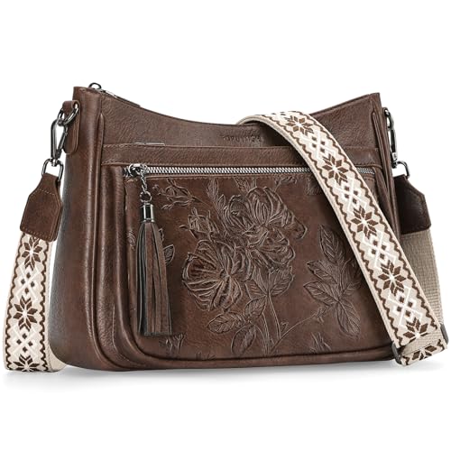 Crossbody Bags for Women, Vegan Leather Medium Crossbody Purse, Spacious Daily Travel Shoulder Bag with Boho Strap - color: Coffee Brown