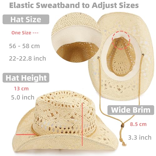 Straw Cowboy Hat for Women and Men with Shapeable Wide Brim Sun Beach Western Cowgirl Hat - color: Beige