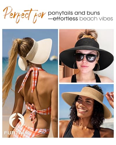 Womens Sun Visor Hats Wide Brim Straw Beach Hat UV Protection Ponytail Packable Beach Vacation Essentials - color: Black