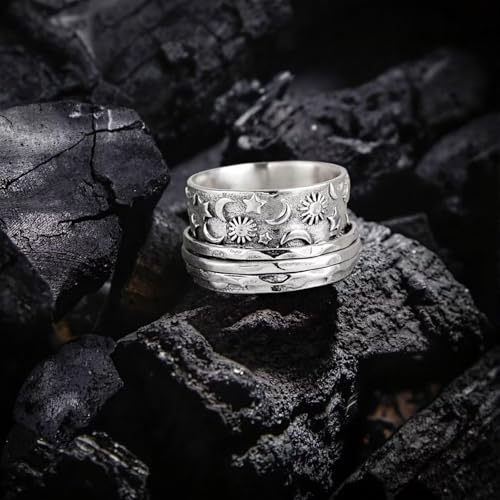 Stainless Steel Rings for Men Women, Vintage Chunky Silver Spinner Ring Band for Meditation, Relaxation& Stress Relief, Retro Wide Wrap Thumb Finger Midi Rings, Statement Cool Punk Band Ring Jewelry - color: R08Color2